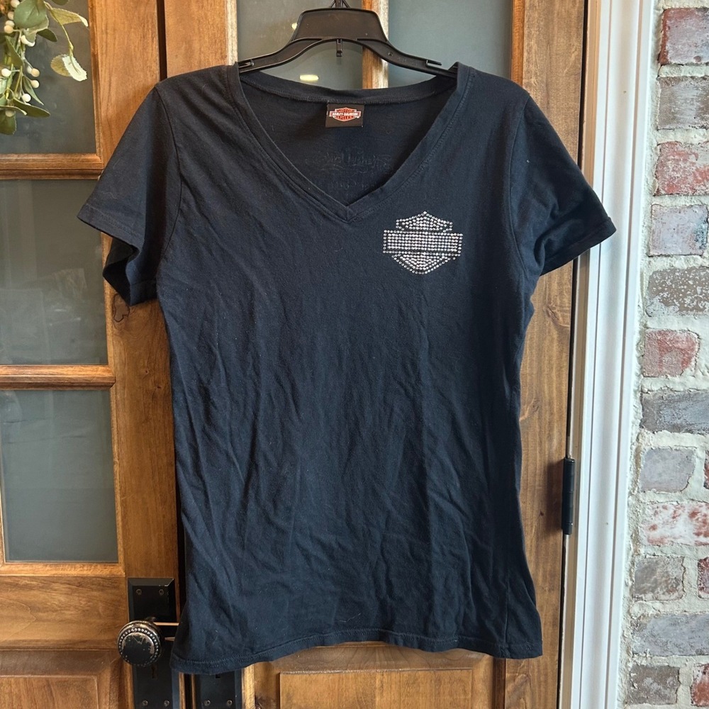 Harley-Davidson T-Shirt Womens L Black Rhinestone V-Neck West Virginia Biker Tee
